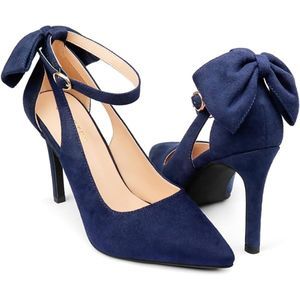 Womens Bow Knot Blue High Heels Pointed Toe Stiletto Ankle Strap D'Orsay Pumps